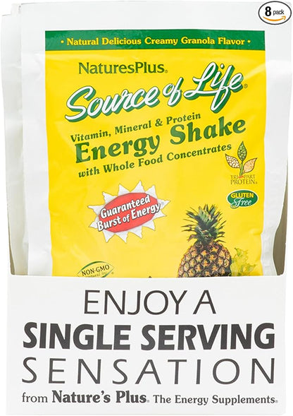 Natures Plus Source of Life Energy Shake Packets, 8 Pack - 8 Individual Servings - Energy Boosting Multivitamin, Mineral & Protein Shake - Whole Food Concentrates - Non-GMO, Gluten-Free - 8 Servings