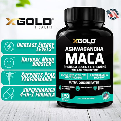 Ashwagandha 5,000mg + Maca Root Black, Red, Yellow 4,000mg, Rhodiola & L-Theanine: 30:1 Extract Ashwagandha Capsules, 20:1 Extract Maca Root Capsules - Supplement for Men and Women