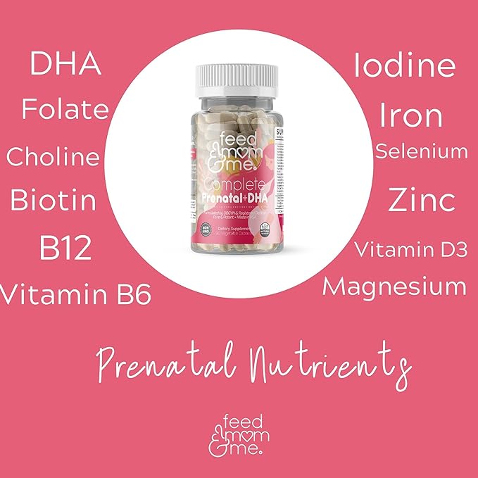 Feed Mom & Me Prenatal Vitamin + DHA, 22 Vitamins & Minerals for Baby’s Development & Mom Nourishment: Folate, Selenium, Iron, Choline, Vitamin C, D3, Calcium, Gluten & Soy Free, NON-GMO 30 Day Supply