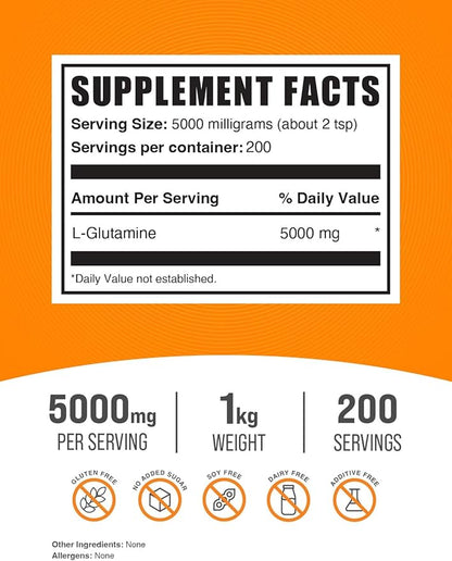 BulkSupplements.com L-Glutamine Powder - Glutamine Supplement, L-Glutamine 5000mg, L Glutamine Powder - Unflavored & Gluten Free, 5000mg per Serving, 1kg (2.2 lbs) (Pack of 1)