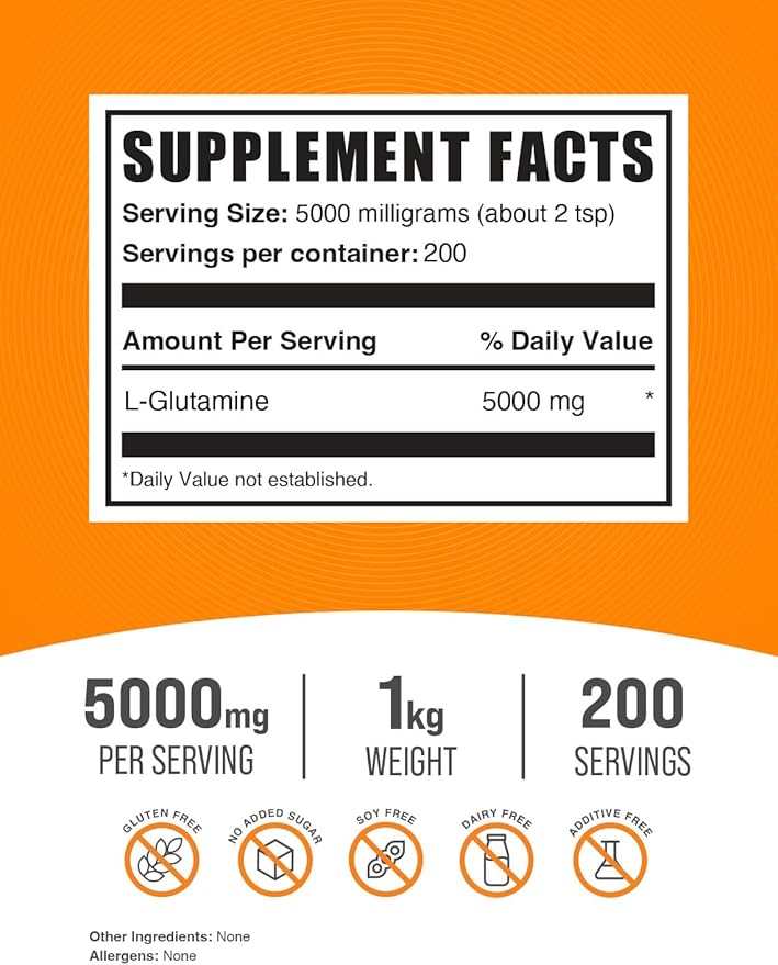 BulkSupplements.com L-Glutamine Powder - Glutamine Supplement, L-Glutamine 5000mg, L Glutamine Powder - Unflavored & Gluten Free, 5000mg per Serving, 1kg (2.2 lbs) (Pack of 1)