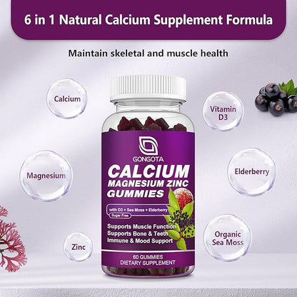 Calcium Magnesium Zinc with Vitamin D3 Supplement, Highly Absorbent Calcium Gummies with 300mg Magnesium glycinate Support Bone & Teeth, Muscle for Adults and Teens,Sugar Free, Vegan - 60 Count
