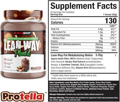 Musclesport Lean Way Plant Protein - Pea Protein and Brown Rice Protein Blend, with Added CLA, MCT and L-Carnitine - 20 Servings (Protella)