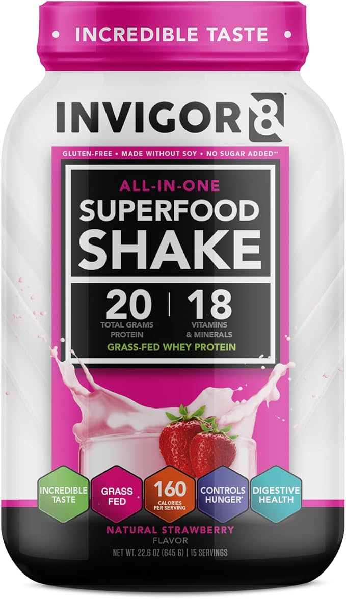 INVIGOR8 Superfood Grass Fed Whey Protein Isolate Shake Natural Strawberry Gluten-Free and Non GMO Meal Replacement with Probiotics and Omega 3 (645g)