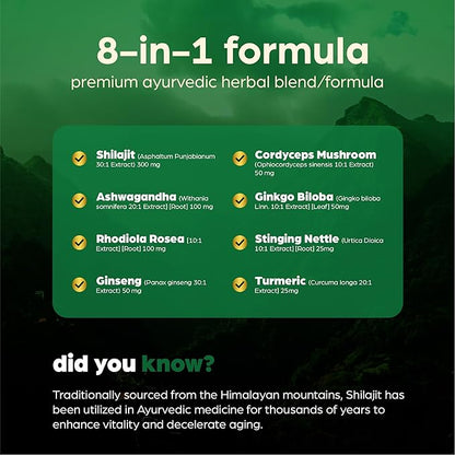 Anuva Pure Premium Himalayan Shilajit 15,250mg, with Ashwagandha, Cordyceps Mushroom, Turmeric, Ginseng, Gingko Biloba, Stinging Nettle, 60 Vegetarian Capsules | Shilajit for Men, Shilajit for Women