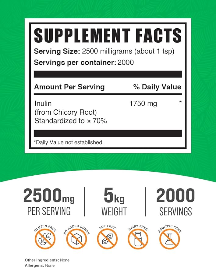 BulkSupplements.com Inulin Powder - Inulin Supplement, Soluble Fiber Powder - Vegan & Gluten Free, Inulin Fiber - 2500mg per Serving, 5kg (11 lbs) (Pack of 5)