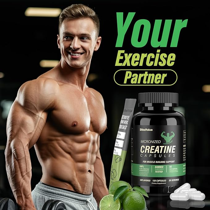 Creatine Capsules & Electrolytes Powder, 150 Creatine Capsules, 10 Pack Electrolyte Combination, Supplement for Muscle, Energy, Recovery, Gluten-Free Creatine for Women, Men (30 Servings)