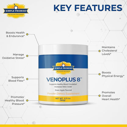 Simple Promise - VenoPlus 8 - Nitric Oxide Supplements for Men and Women - Beet Root Powder with Proprietary Blend - Beet Juice Powder for Blood Circulation, Heart Health
