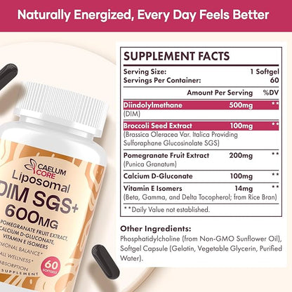 Liposomal DIM SGS Supplement 600 mg - DIM Supplement for Women & Men, Estrogen Supplements Contains Sulforaphane Glucosinolate, Pomegranate Fruit - Support Detox and Antioxidant (2 Pack)