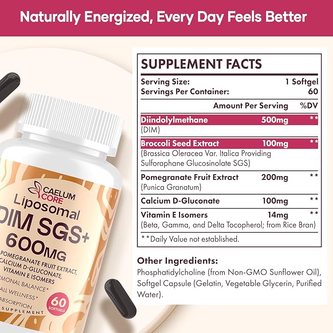 Liposomal DIM SGS Supplement 600 mg - DIM Supplement for Women & Men, Estrogen Supplements Contains Sulforaphane Glucosinolate, Pomegranate Fruit - Support Detox and Antioxidant (1 Pack)