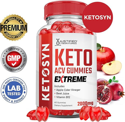 (3 Pack) Ketosyn Keto ACV Gummies Extreme 2000MG Ketosyn Keto Gummies Apple Cider Vinegar Formulated with Pomegranate Beet Juice Powder B12 Vegan Non GMO 180 Gummys