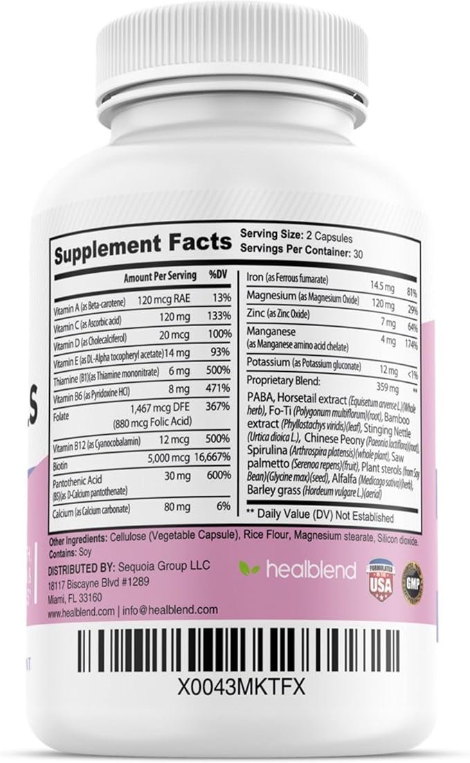 healblend Hair Skin and Nails Vitamins for Women with Biotin 5000 mcg, Iron and Manganese | Vegan, Non-GMO | 60 Capsules