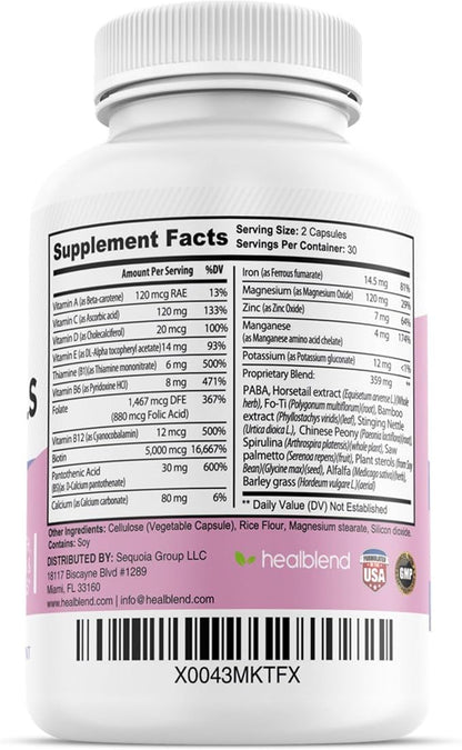 healblend Hair Skin and Nails Vitamins for Women with Biotin 5000 mcg, Iron and Manganese | Vegan, Non-GMO | 60 Capsules