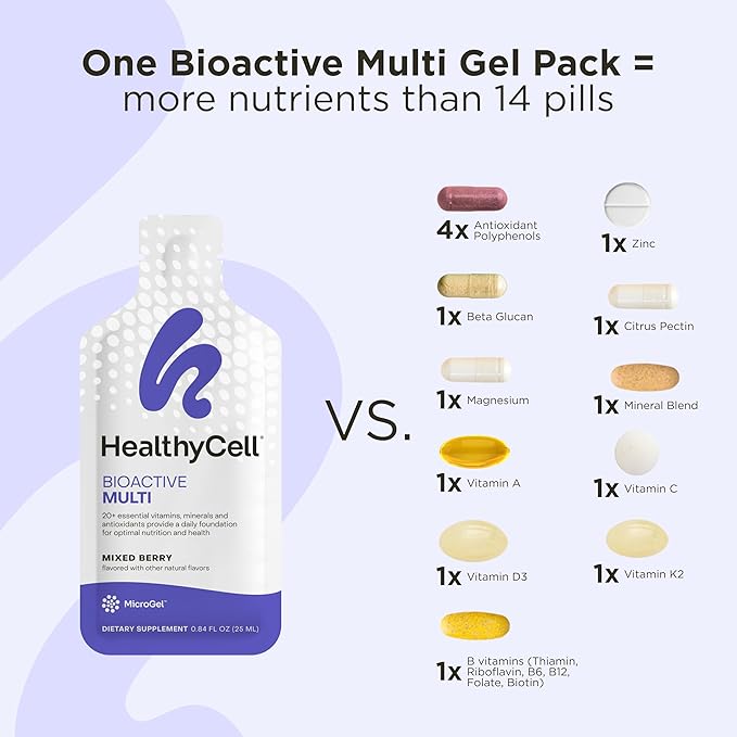 Healthycell Bioactive Multi - Liquid Multivitamin for Men and Women - One A Day Vitamin for Brain, Heart, Immunity, Energy, Skin, and Hair Support - Maximum Absorption - 30 Gel Packs