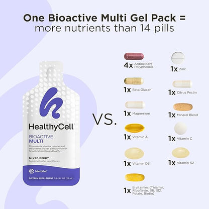 Healthycell Bioactive Multi - Liquid Multivitamin for Men and Women - One A Day Vitamin for Brain, Heart, Immunity, Energy, Skin, and Hair Support - Maximum Absorption - 30 Gel Packs
