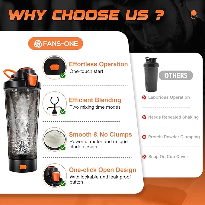 Electric Protein Shaker Bottle, Lockable Electric Blender Cup, 24oz Tritan USB Rechargeable Mixer, Portable Blender Shaker Cups for Protein Shakes for Men Women, Black and Orange