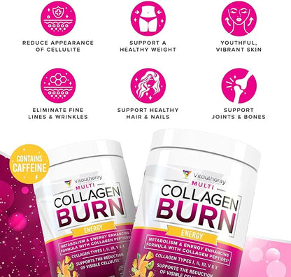 Multi Collagen Burn: Multi-Type Hydrolyzed Protein Peptides with Hyaluronic Acid, Vitamin C, SOD B Dimpless, Types I, II, III, V and X Collagen, with Caffeine