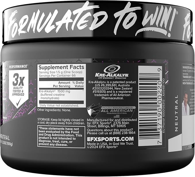 EFX Sports Kre-Alkalyn EFX Powder | pH Correct Creatine Monohydrate Powder Supplement | Strength, Muscle Growth & Performance | 66 Servings (Unflavored)