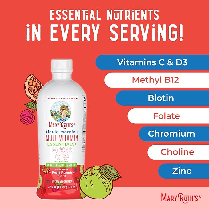 MaryRuth's Multivitamin for Women Men & Kids | Sugar Free | Vegan | Vitamin A, C, D, E, B12, Zinc | Daily vitamins for Kids, Mens, Womens Multivitamin | Energy & Beauty Booster Multimineral | 32 Fl Oz