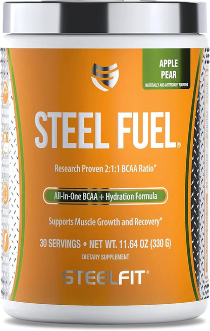 SteelFit Steel Fuel BCAA + Electrolyte Powder | Sugar-Free 2:1:1 Amino Acids Formula | Apple Pear, 30 Servings | No Crash Workout Hydration, Muscle Growth & Recovery