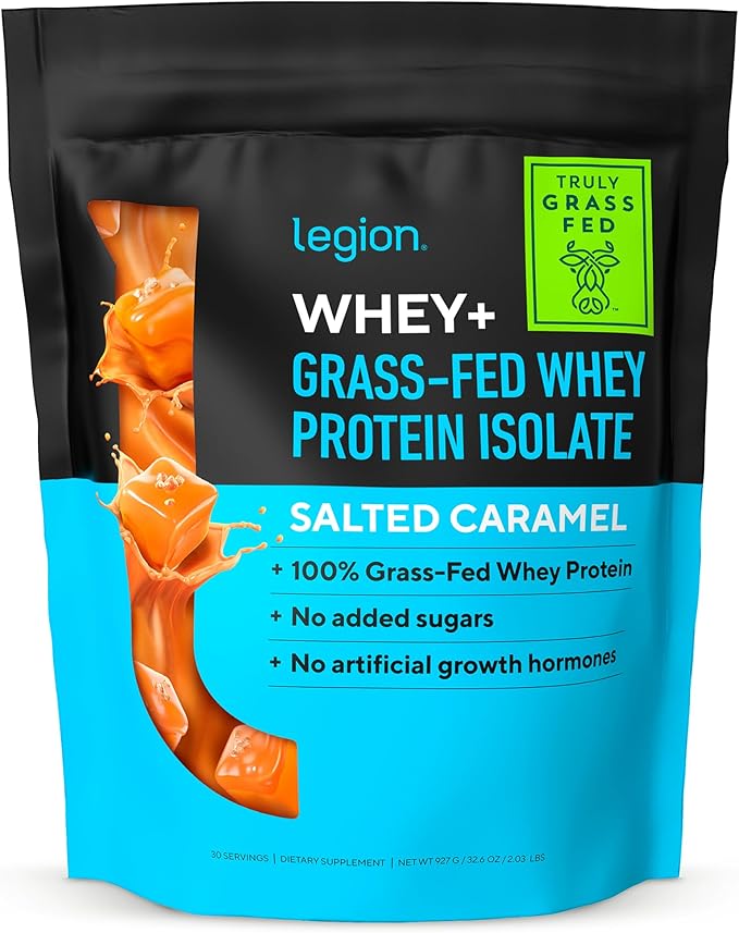 LEGION Whey+ Whey Isolate Protein Powder from Grass Fed Cows - Low Carb, Low Calorie, Non-GMO, Lactose Free, Gluten Free, Sugar Free, All Natural Whey Protein Isolate, 30 Servings (Salted Caramel)
