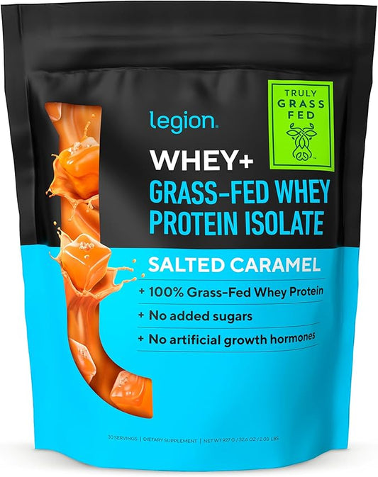 LEGION Whey+ Whey Isolate Protein Powder from Grass Fed Cows - Low Carb, Low Calorie, Non-GMO, Lactose Free, Gluten Free, Sugar Free, All Natural Whey Protein Isolate, 30 Servings (Salted Caramel)