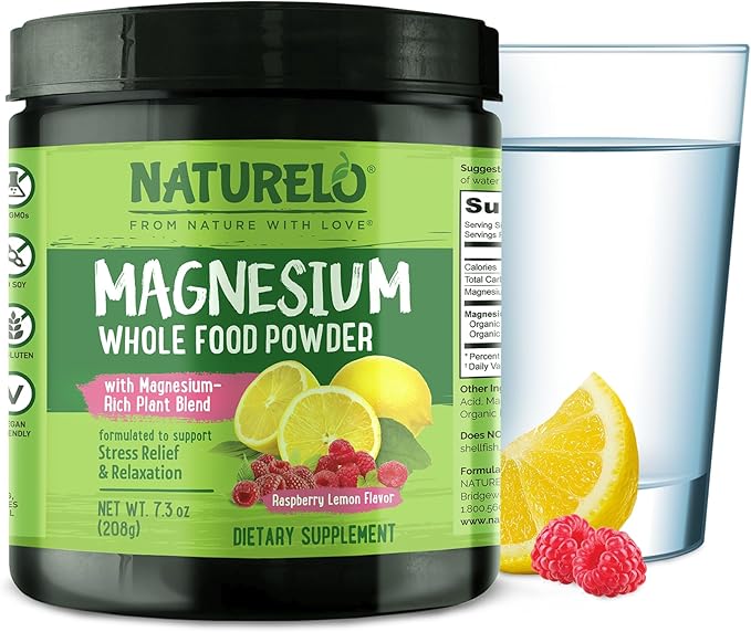 NATURELO Magnesium Powder - Whole Food Calm Magnesium Powder with Quinoa, Cauliflower, & Flaxseed for Stress Relief, Raspberry Lemon 40 Servings, 7oz