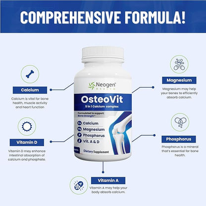 OsteoVit 5-in-1 Calcium 120 tabs Multivitamin: Calcium, Magnesium, Phosphorus, Vitamin D3 & A - Bone Strength & Flexibility*, Non-GMO Gluten Free | Calcium Supplement for Women & Men with Vitamin D