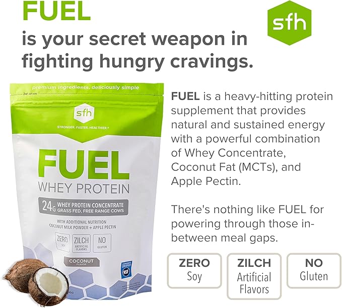 SFH Fuel Whey Protein Powder Great Tasting Grass Fed Whey | MCTs & Fiber for Energy | All Natural | Soy Free, Gluten Free, No RBST, No Artificial Flavors (Coconut (2lb Bag))