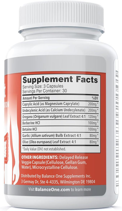 CandAssist Intestinal Flora Balance - Caprylic Acid, Berberine - Delayed Release Capsules - Vegan & Non-GMO - 30 Day Supply