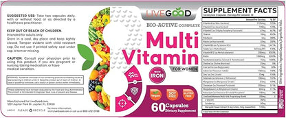 LIVEGOOD™ Women's Bio-Active Complete Multivitamin with Iron, Vitamin A, B12, C, E, Lycopene, Vegan, 60 Capsules