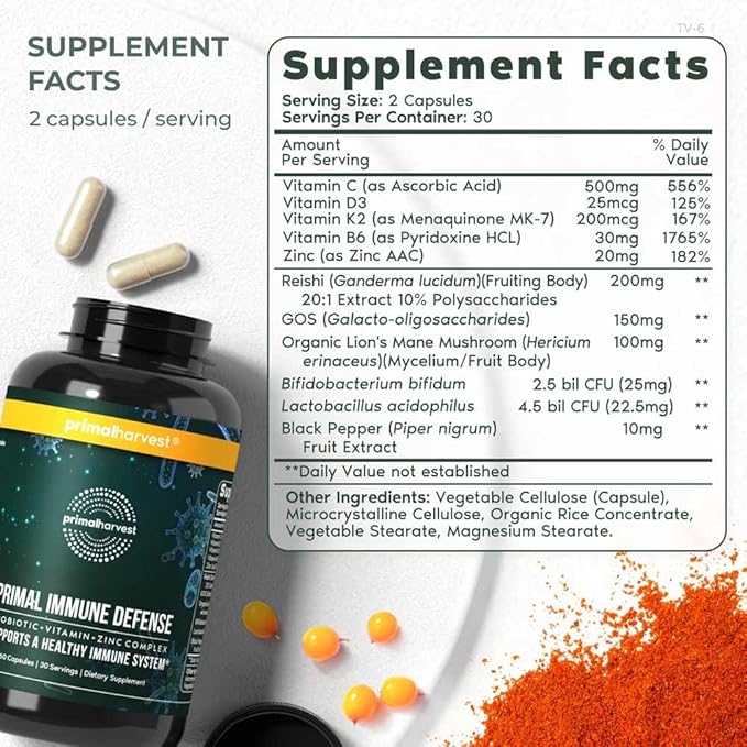Primal Harvest Primal Immune Defense 10 in 1 Immune Support Supplement 60 Capsules Immune Vitamins, with 7 Billion CFU Pre and Probiotics, Zinc, VIT C, B6, D3, K2 - Immune Boosters for Adults