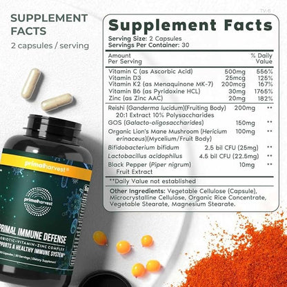 Primal Harvest Primal Immune Defense 10-in-1 Immune Defense Supplement: with 7 Billion CFU Probiotics, Zinc, Vitamins C, B6, D3, K2 - Immune Boosters for Adults 60 Capsules (1 Pack)