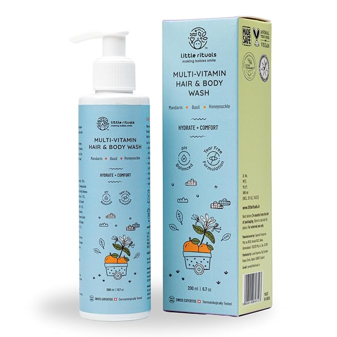 Little Rituals Baby Multi-Vitamin Body & Hair Wash - Tear Free + pH 5.5. Formulated with Best Plant Botanical - Honeysuckle, Basil, Mandarin. Natural, Organic, Dermat Tested(200ml)