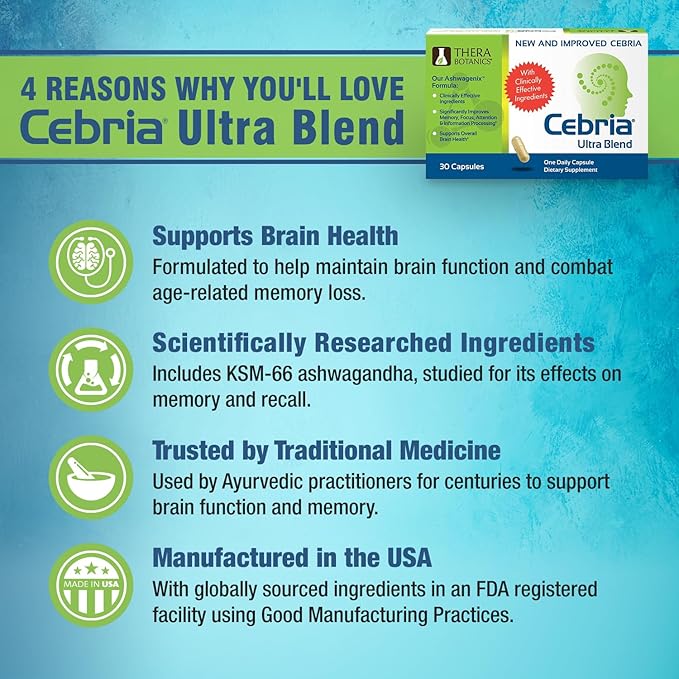 Cebria Ultra Brain Supplement for Men, Women & Seniors – Nootropic Safe and Effective Memory Supplement for Retention, Recall & Age-Related Memory Loss* (30 Count)
