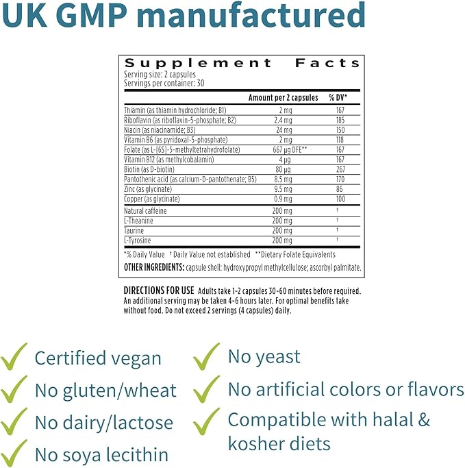 Pure and Essential Focus Comprehensive Nootropic, 200mg Caffeine, L-Theanine, Taurine, L-Tyrosine, B-Vitamins, Non-GMO, Brain Booster and Cognitive Performance, Fast Acting & Non Jittery, 180 Capsules