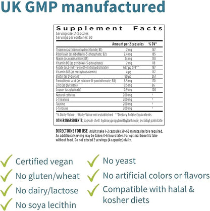 Pure and Essential Focus Comprehensive Nootropic, 200mg Caffeine, L-Theanine, Taurine, L-Tyrosine, B-Vitamins, Non-GMO, Brain Booster and Cognitive Performance, Fast Acting & Non Jittery, 180 Capsules