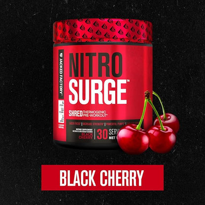 Jacked Factory NITROSURGE Shred Pre Workout Supplement - Energy Booster, Instant Strength Gains, Sharp Focus, Powerful Pumps - Nitric Oxide Booster & PreWorkout Powder - 30Sv, Black Cherry