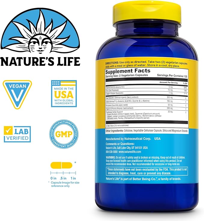 Nature's Life Prostate Maintain - Prostate Support Supplement for Men's Health - Saw Palmetto, Pygeum Herbal Complex and Zinc Supplements - 125 Servings, 250 Vegetarian Capsules