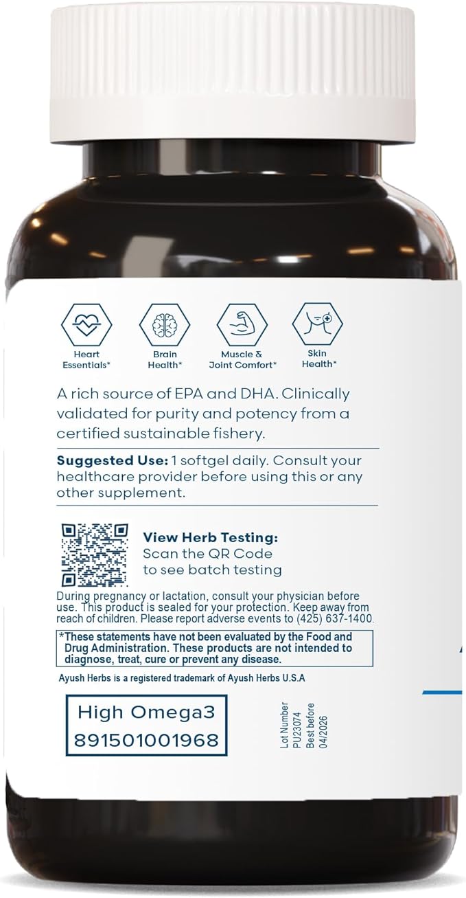 Ayush Herbs High Omega 3 - Omega 3 Fish Oil, 1000mg Per Capsule, EPA & DHA Fish Oil Supplement for Women & Men, Natural Lemon Flavor - 60 Softgel Capsules (1 Count)