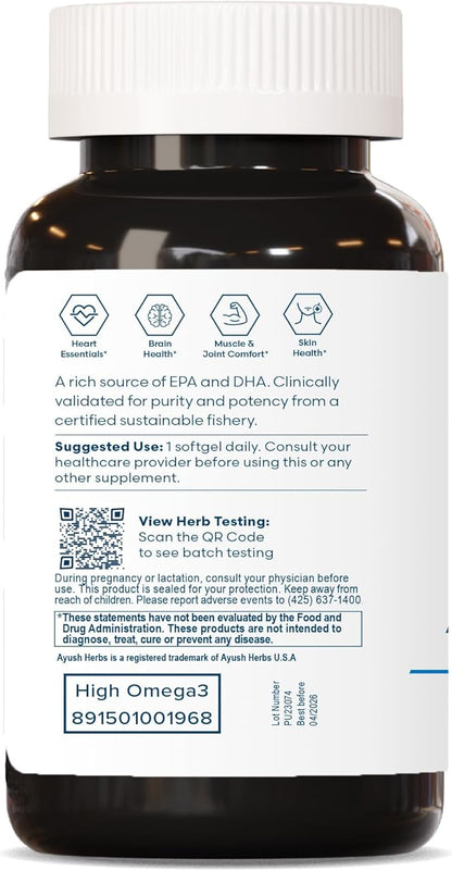 Ayush Herbs High Omega 3 - Omega 3 Fish Oil, 1000mg Per Capsule, EPA & DHA Fish Oil Supplement for Women & Men, Natural Lemon Flavor - 60 Softgel Capsules (1 Count)