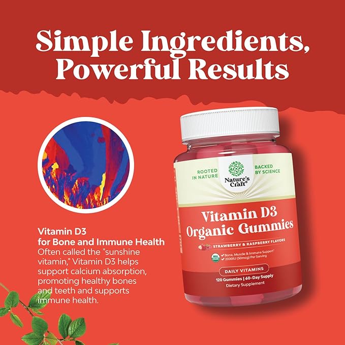 Organic Vitamin D Gummies for Adults - Daily Immune Support Gummies with Vegan Vitamin D3 2000IU - USDA Organic Vitamin D3 Gummies for Adults Wellness - Non GMO Gluten Free - 2 Month Supply