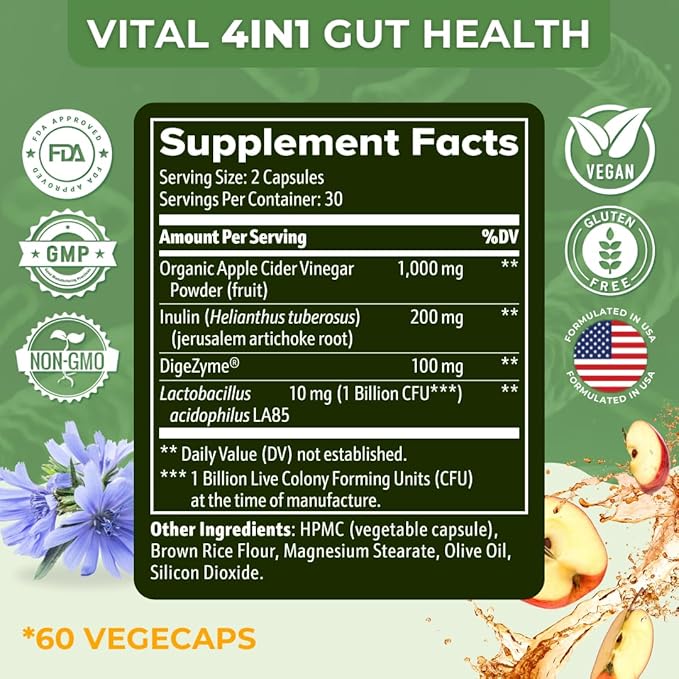 Vital Gut Health 4in1 Formula with Apple Cider Vinegar, Prebiotics & Probiotics, Digestive Enzymes for Strong Immunity Support and Complete Gut and Digestion Support