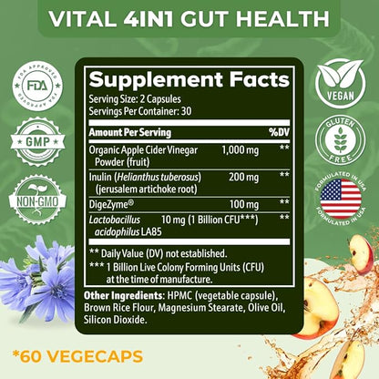Vital Gut Health 4in1 Formula with Apple Cider Vinegar, Prebiotics & Probiotics, Digestive Enzymes for Strong Immunity Support and Complete Gut and Digestion Support