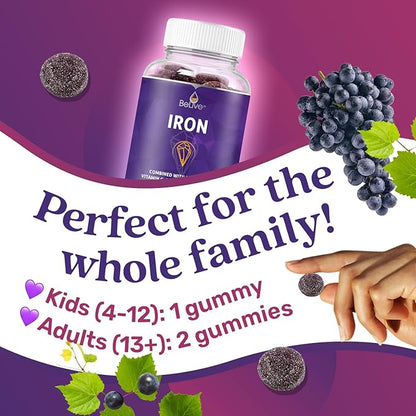 BeLive Iron Gummies - Multivitamin Iron Supplement with Vitamin C, A, B & Zinc, Supports Blood Oxygen, Vegan Iron Supplements for Women, Men & Kids for Growth and Development - Grape Flavor | 2-Pack