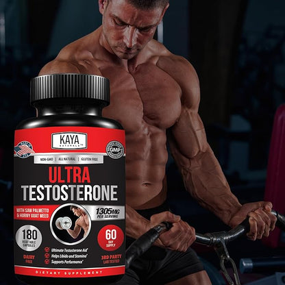 Kaya Naturals UltraTest- Men's T Booster with Tongkat Ali, Horny Goat Weed, Tribulus - Natural Workout Supplement for Energy, Stamina, and Strength Booster - 180 Count