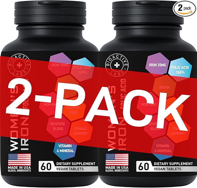 Vegan Iron Supplements for Women with Folic Acid - 168% Folate Folic Acid, 194% Ferrous Sulfate Blood Builder Iron Pills for Women with Anemia and Pregnant Women - 2-Pack, 120 Gentle Iron Tablets