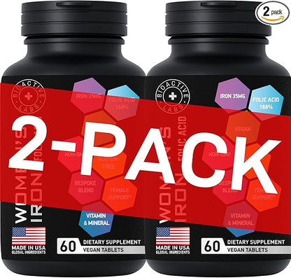 Vegan Iron Supplements for Women with Folic Acid - 168% Folate Folic Acid, 194% Ferrous Sulfate Blood Builder Iron Pills for Women with Anemia and Pregnant Women - 2-Pack, 120 Gentle Iron Tablets