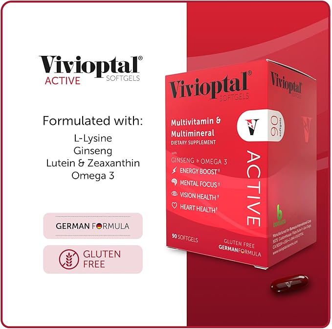 Vivioptal Active, 90 Softgels (1 Year Supply), Ginseng & Omega 3, Multivitamin & Multimineral, Gluten Free, German Formula