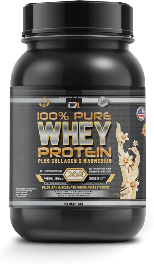 DL 100% Pure Whey Protein + Collagen + Magnesium | 43g. Protein & Essential BCAA´s | Muscle Gain, Recovery & Nutrient delivery | Low Fat Protein | Quik & Easy Mixing | 1 kg (1KG, Vanilla)